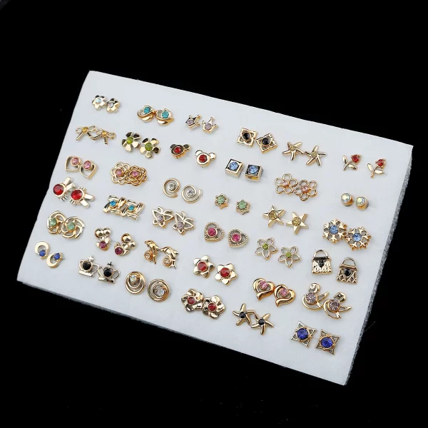 18/36Pairs Colorful Rhinestone Hollow Heart Star Flower Animal Mix Style Moon Crown Small Plastic Stud Earrings Set For Women - Image 17