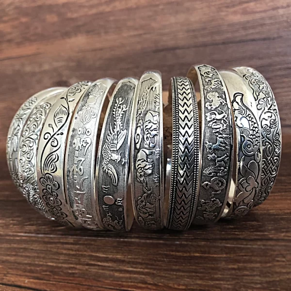 New Retro Cuff Bracelets Tibetan Silver Metal Carving Fish Elephant Flower Bangles Vintage Gypsy Jewelry Female Gifts - Image 2
