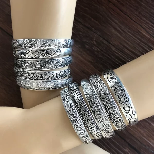 New Retro Cuff Bracelets Tibetan Silver Metal Carving Fish Elephant Flower Bangles Vintage Gypsy Jewelry Female Gifts - Image 3