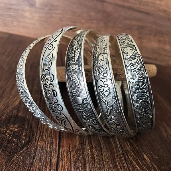 New Retro Cuff Bracelets Tibetan Silver Metal Carving Fish Elephant Flower Bangles Vintage Gypsy Jewelry Female Gifts - Image 4