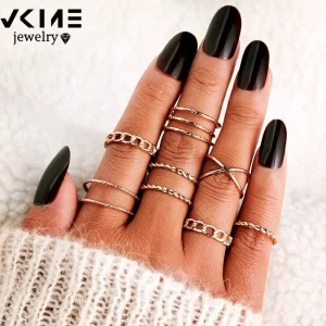 VKME Bohemian Vintage Ring Geometric Metal Ring Set Women Charm Joint Ring, Party Wedding Jewelry Gifts