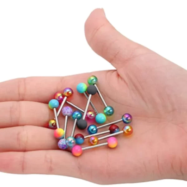 6PCS Stainless Steel Glorious Tongue Ring Bulk 14G Nipple Piercing Bar Lot Glitter Tongue Piercing Set Barbell Piercing Jewelry - Image 2