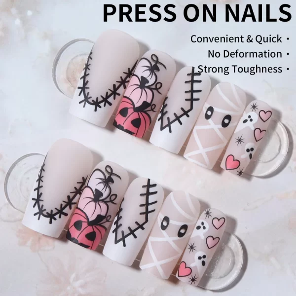 24pcs short and medium-sized fake nails, Halloween Scary Pumpkin Design Square Nail, press on nails,suitable for women and girls - Image 5