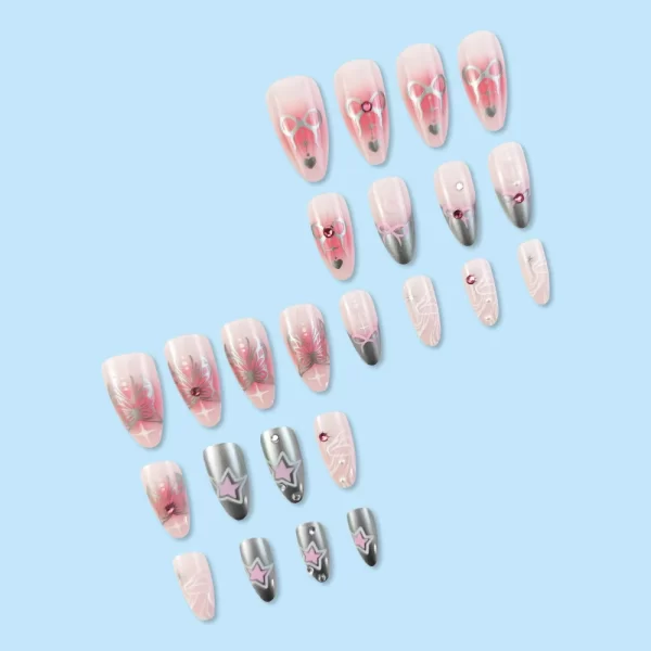 24pcs Spicy Girl Style Fake Nails 3D Sliver Bow Butterfly Decor False Nails Wearable Y2k Sliver Pink Almond Press on Nail Tips - Image 3