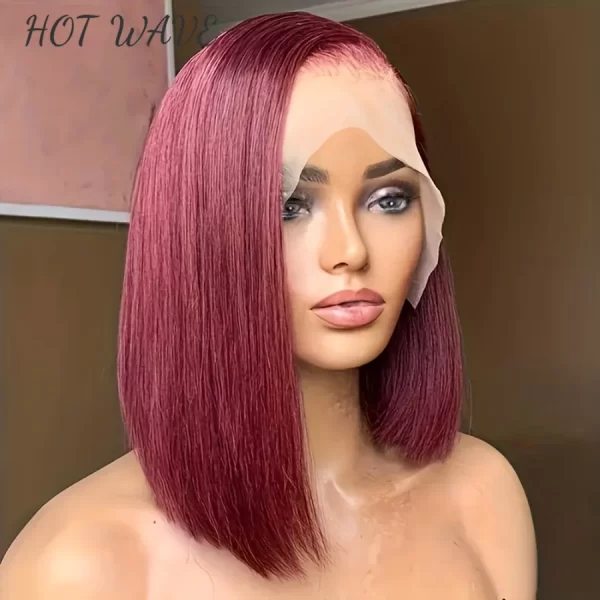 99J Burgundy Bob Wig 8Inch Human Hair Wigs For Women Bone Straight Bob Wig Side Part HD Transparent Lace Frontal Wig 180% - Image 6