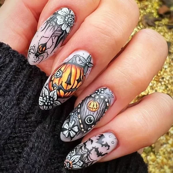 24pcs Matte Almond Press on Nails Pumpkin Bat Spider Halloween Fake Nail Patch Full Cover Wearable Halloween DIY False Nail Tips