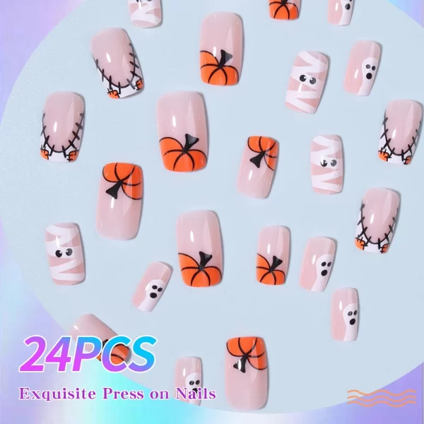 24pcs short and medium-sized fake nails, Halloween Scary Pumpkin Design Square Nail, press on nails,suitable for women and girls - Image 6