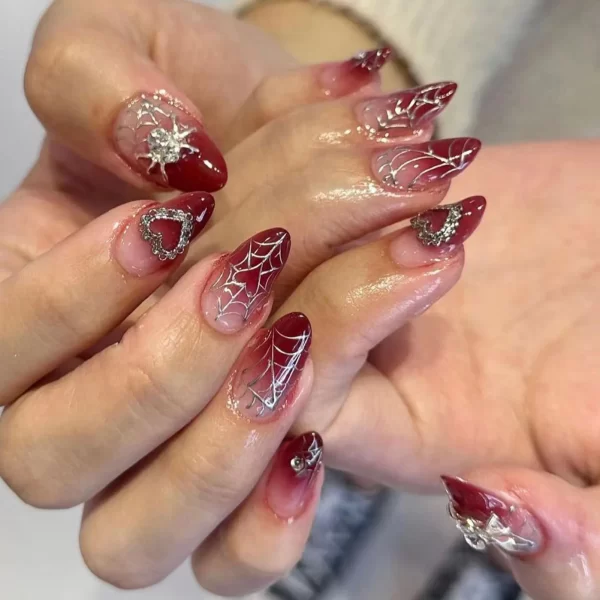 Wearable Y2k Cool False Nails Long Almond Tricolor Fake Nails Fashion Nail Tips Press On Round With Silver Stripes Beads Designs - Image 9