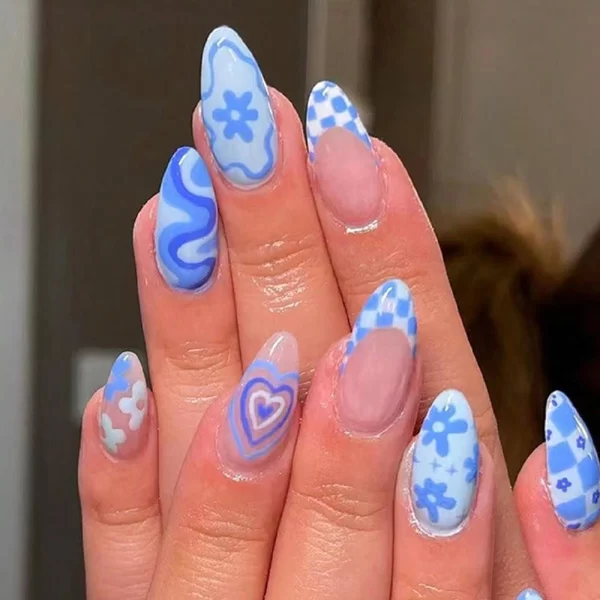 24pcs press on nails  Long Almond Blue Line Love Flower Lattice Print Fake Nail french tip press on nails cute nail - Image 2