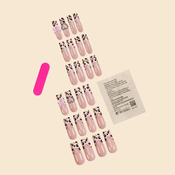 Luxury Ladies 24Pcs/Set Super Long Square French Leopard Print Pink Bow Heart Decoration Wearable Fake Nail  Press on Nail Art - Image 5