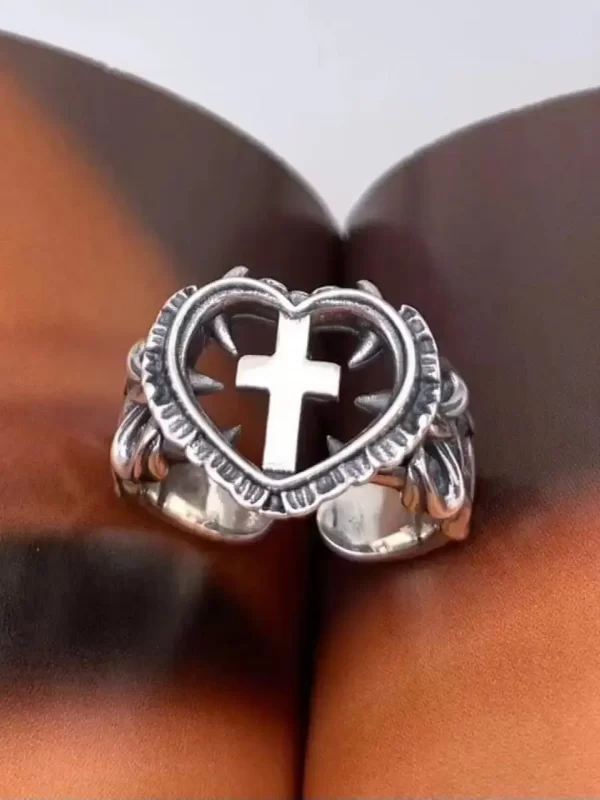Gothic Death Cross Heart Ring For Women Man Fashion Punk Party Jewelry Accessories Gift Vintage Hollow Heart Adjustable Ring New - Image 6