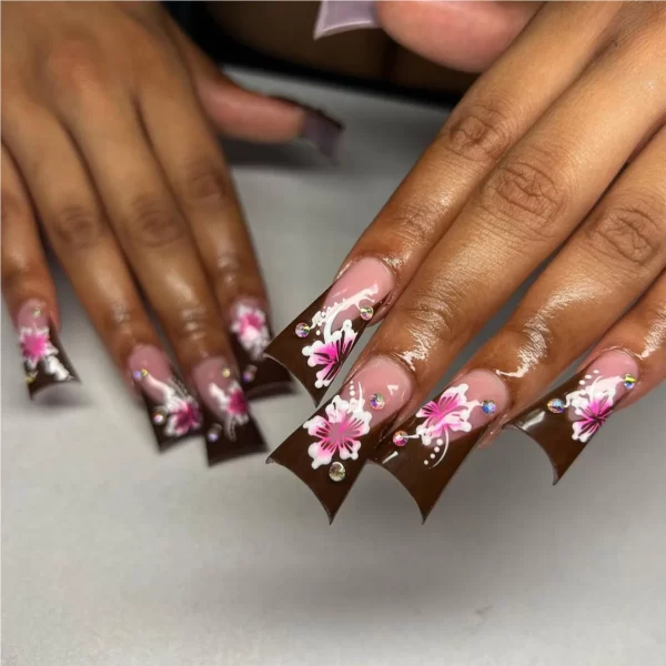 24pcs Long Water Pipe Fake Nails y2k Press On Nails Tips Wearable Black French False Nails Cross Bow Pearl Decoration Full Cover - Image 6