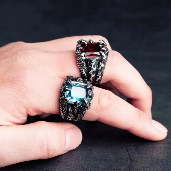Gothic Blue and Red Crystal Evil Demon Dragon Claw Ring for Men Gram Biker Punk Rock Hip Hop Cool Jewelry Accessories - Image 3