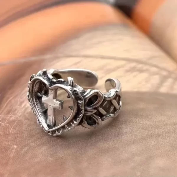 Gothic Death Cross Heart Ring For Women Man Fashion Punk Party Jewelry Accessories Gift Vintage Hollow Heart Adjustable Ring New - Image 2