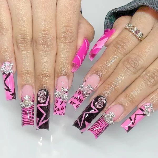 24pcs Long Water Pipe Fake Nails y2k Press On Nails Tips Wearable Black French False Nails Cross Bow Pearl Decoration Full Cover - Image 7