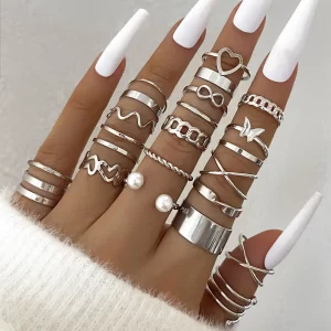 Silver Color Geometric Knuckle Rings Set For Women Eye Cross Sun And Moon Leaf Charm Finger Ring Female Boho Party Jewelry
