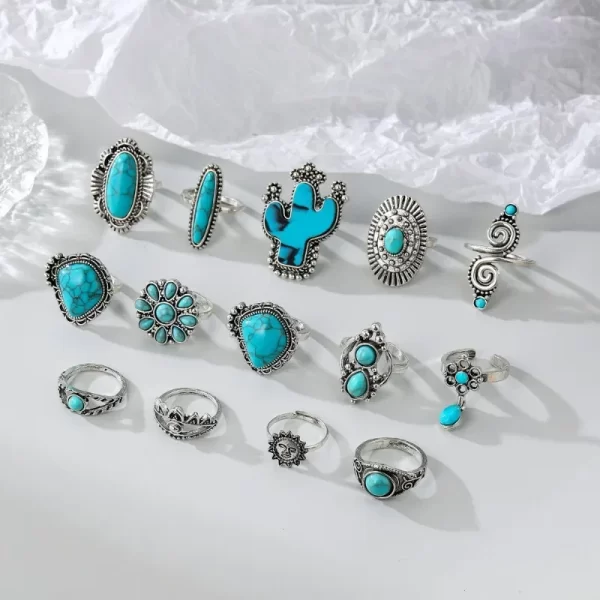 14pcs/set Bohemia Turquoise Geometric Rings Women Vintage Versatile Fashion Cactus Carving Nature Stone Ring Jewelry Sets New - Image 2