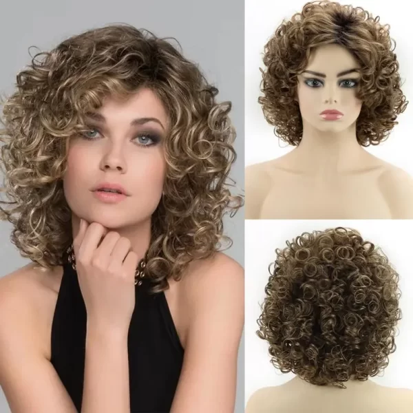 Women's Fashion Short Curly Hair Fluffy Dark Brown Synthetic Wavy Bob Wig with Bangs Costume Party Wig for Lady Mommy Hair - Image 8
