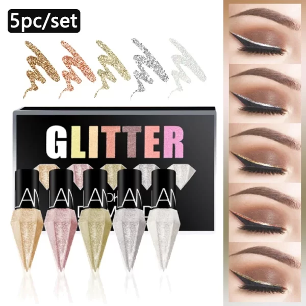 5pc/set Professional Shiny Eye Liners Cosmetics for Women Pigment Silver Rose Gold Color Liquid Glitter Eyeliner Beauty Makeup - Image 2