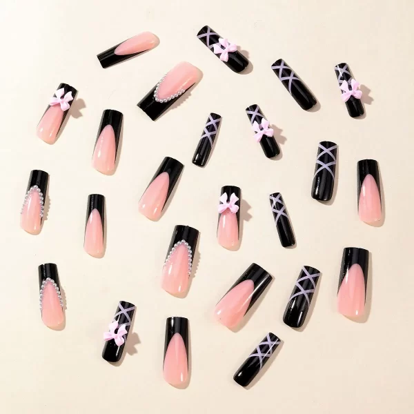 24pcs Long Water Pipe Fake Nails y2k Press On Nails Tips Wearable Black French False Nails Cross Bow Pearl Decoration Full Cover - Image 3