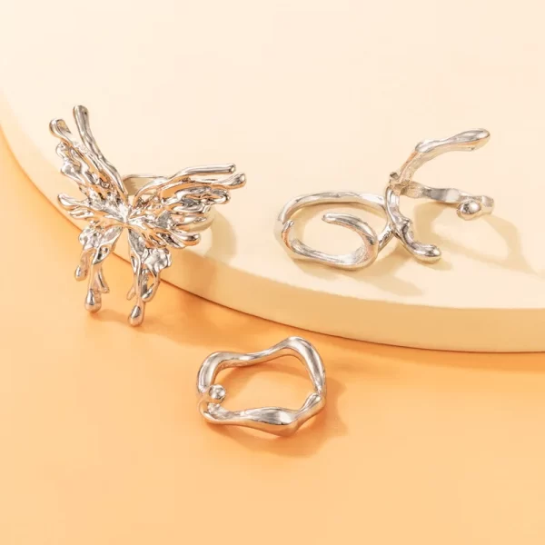 Punk Silver Color Metal Liquid Butterfly Rings Set For Women Gothic Hip Hop Irregular Wave Insect Finger Rings Aesthetic Jewelry - Image 4