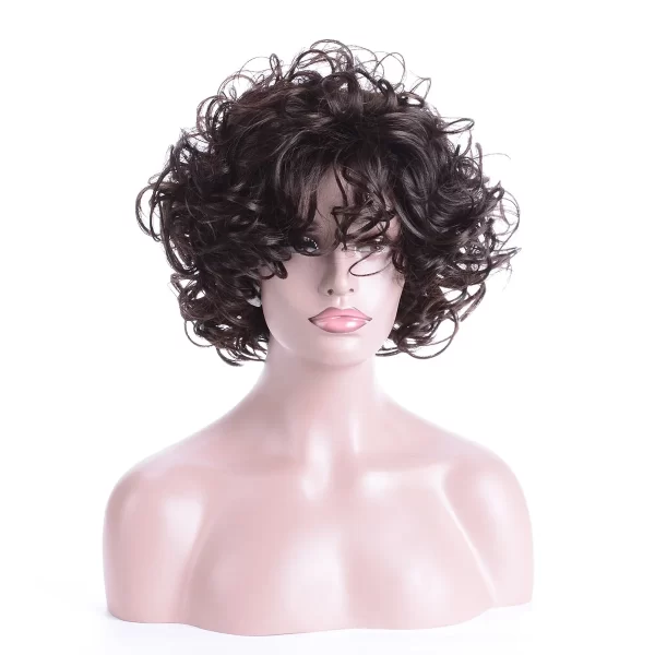 Women's Fashion Short Curly Hair Fluffy Dark Brown Synthetic Wavy Bob Wig with Bangs Costume Party Wig for Lady Mommy Hair - Image 2