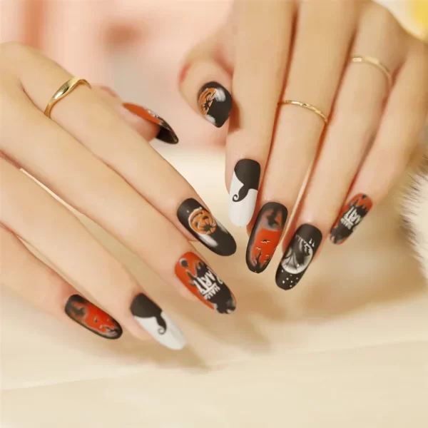 24pcs Artificial Acrylic Nail Art Fake Nails Full Coverage Removable Press on Nails Halloween Pumpkin Skull Moon False Nail Tip - Image 22