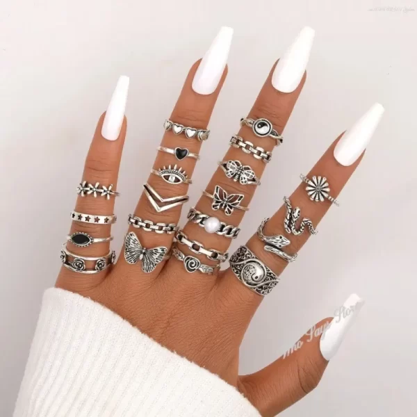 21pcs Set Punk Style Butterfly Heart Stainless Steel Ring and Tai Chi Design Multi-element Snake Rings Set Кольца Женские Кольцо - Image 3