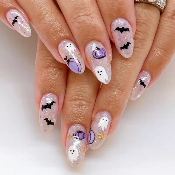 24Pcs Halloween False Nails with Almond Head Design Mid-length French Fake Nails Bat Wearable Oval Press on Nails Manicure Tools - Image 3