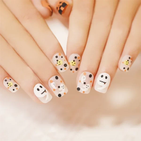 24pcs Artificial Acrylic Nail Art Fake Nails Full Coverage Removable Press on Nails Halloween Pumpkin Skull Moon False Nail Tip - Image 12