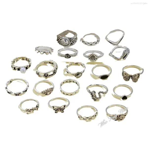 21pcs Set Punk Style Butterfly Heart Stainless Steel Ring and Tai Chi Design Multi-element Snake Rings Set Кольца Женские Кольцо - Image 6