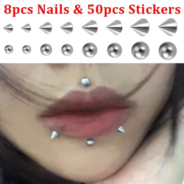 8pcs Fake Lip Nails & 50pcs Stickers Eyebrow Ear Stud Non Piercing Earring Studs Teens Hip hop Fake Nose Ring Body Jewelry - Image 2