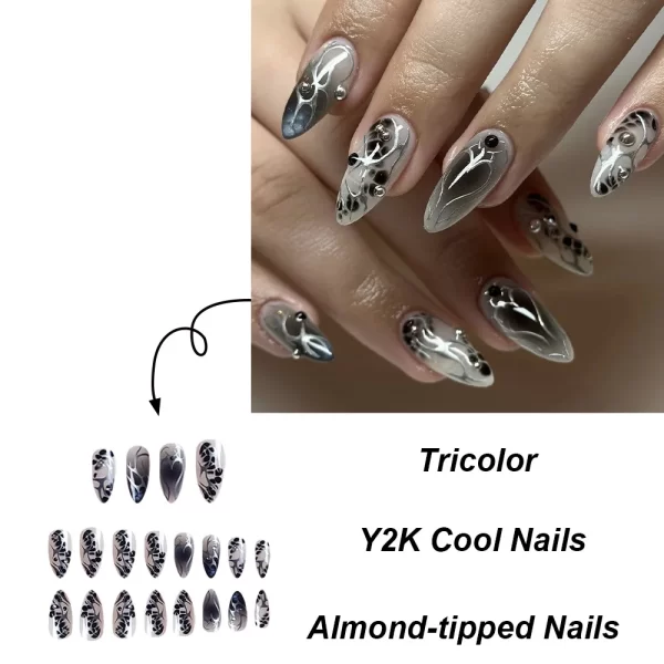 Wearable Y2k Cool False Nails Long Almond Tricolor Fake Nails Fashion Nail Tips Press On Round With Silver Stripes Beads Designs - Image 2