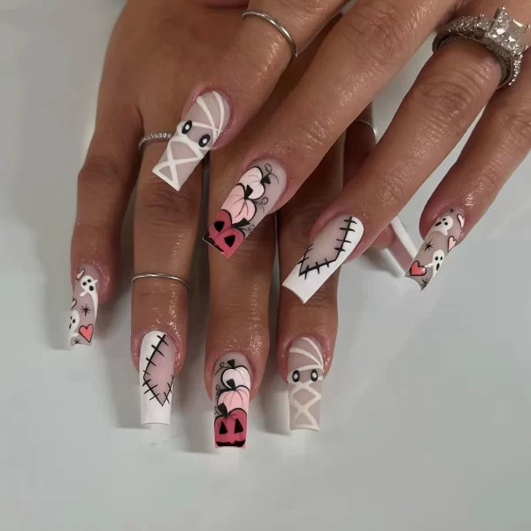 24pcs short and medium-sized fake nails, Halloween Scary Pumpkin Design Square Nail, press on nails,suitable for women and girls