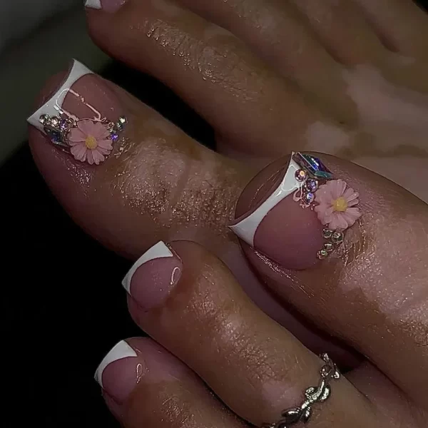 Charms Butterfly Flowers Press on Nail Shiny Rhinestone Fake Toenails Summer Manicure French Toe False Art Nails Tips Detachable - Image 5