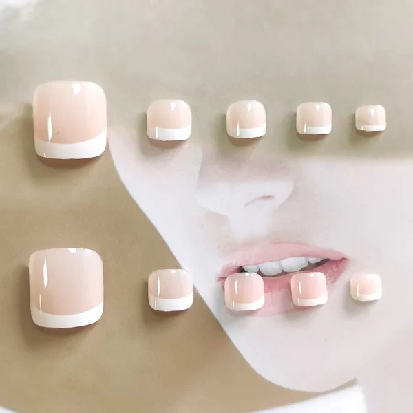 24pcs Nude Press On Toe Nails Square Fake Toe Nails Glossy Full Cover False Toe Nails With French White Edge Design For Women - Image 3