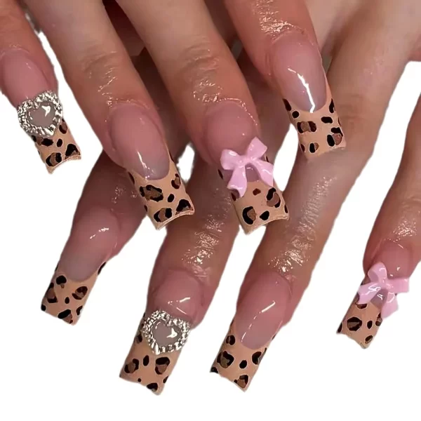 Luxury Ladies 24Pcs/Set Super Long Square French Leopard Print Pink Bow Heart Decoration Wearable Fake Nail  Press on Nail Art - Image 2