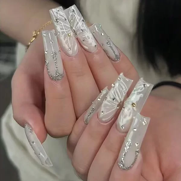 24Pcs Pink Butterfly Design False Nails Extra Long Coffin Fake Nails Wearable French Ballet Press on Nails Full Cover Nail Tips - Image 7