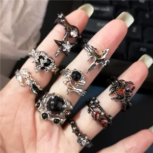 Gothic Punk Red Crystal Spider Star Geometric Irregular Heart Open Ring For Men Women Halloween Y2K EMO Jewelry Accessories Gift