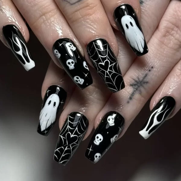 24pcs Halloween Fake Nails Spider Web Pumpkin Ghost Pattern Press on Nails for Girls Full Cover Wearable Almond False Nail Patch - Image 7