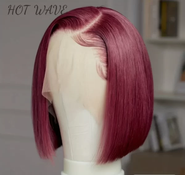 99J Burgundy Bob Wig 8Inch Human Hair Wigs For Women Bone Straight Bob Wig Side Part HD Transparent Lace Frontal Wig 180% - Image 4