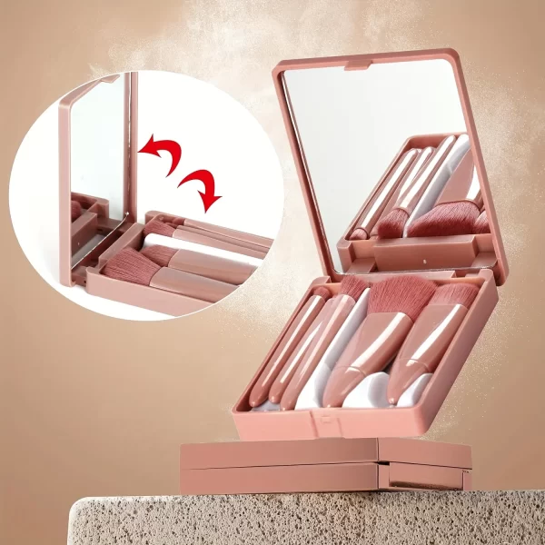 5 Piece Makeup Brush Set with Mirror Case, Travel Makeup Brush Portable Mini Multifunctional Makeup Brush Set Powder Brush - Image 3