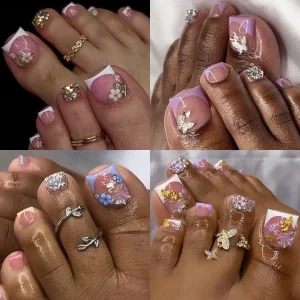 Charms Butterfly Flowers Press on Nail Shiny Rhinestone Fake Toenails Summer Manicure French Toe False Art Nails Tips Detachable