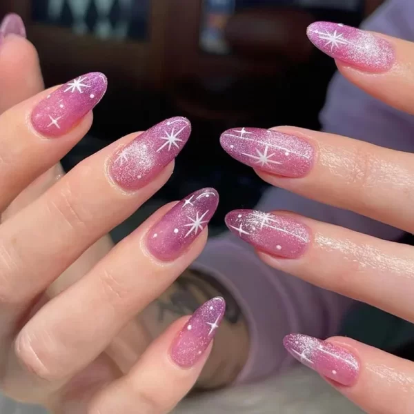 Sexy Charm Woman Black Frosted Snowflake Wearable Almond Shape Fake Nails Art Full Cover Finished False Nail Press on Nails Glue - Image 9