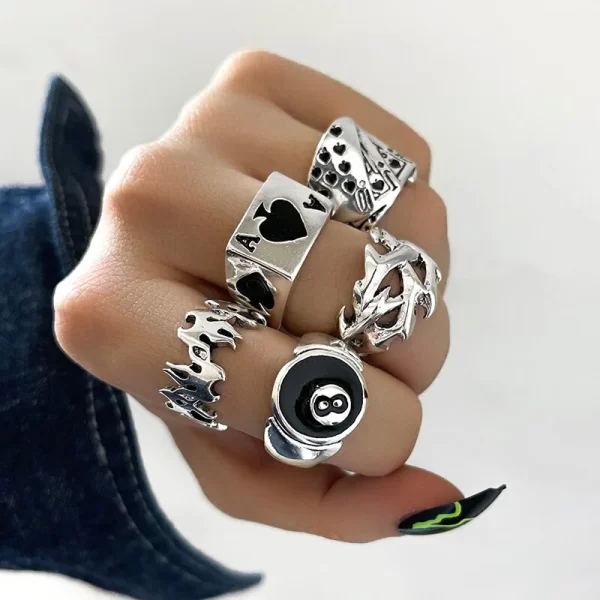 Vintage Gothic Heart Rings Set For Women Men Punk Playing Card Spades Geometric Hollow Butterfly Ring Retro Finger Ring Jewelry - Image 2
