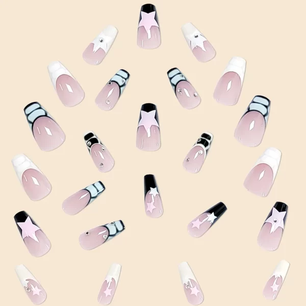 Women Girls Trend 24Pcs/Set Medium Ballet French Serpentine Star Diamond Full Coverage Wearable Fake Nail Press on Nail Art - Image 4