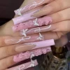 24Pcs Pink Butterfly Design False Nails Extra Long Coffin Fake Nails Wearable French Ballet Press on Nails Full Cover Nail Tips - Image 2