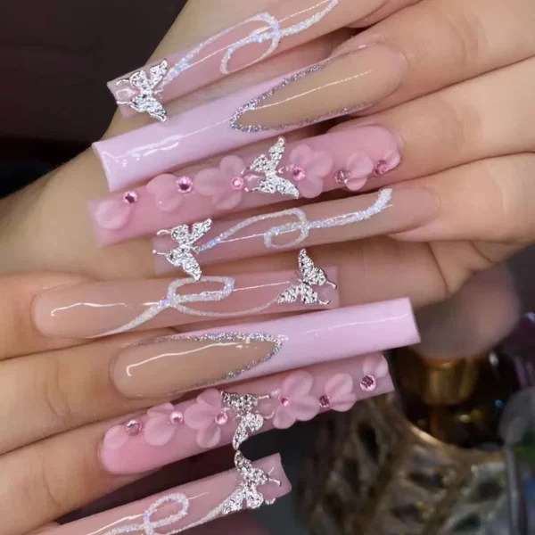 24Pcs Pink Butterfly Design False Nails Extra Long Coffin Fake Nails Wearable French Ballet Press on Nails Full Cover Nail Tips - Image 2