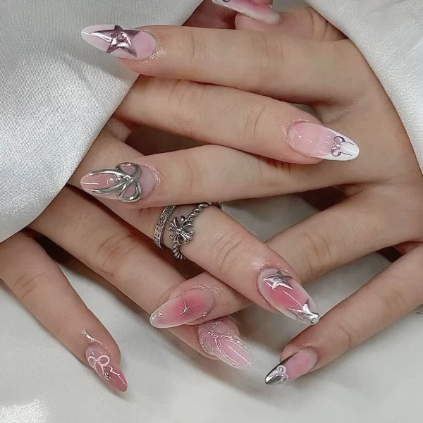 24pcs Spicy Girl Style Fake Nails 3D Sliver Bow Butterfly Decor False Nails Wearable Y2k Sliver Pink Almond Press on Nail Tips - Image 7