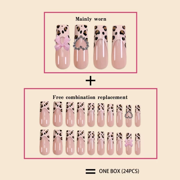 Luxury Ladies 24Pcs/Set Super Long Square French Leopard Print Pink Bow Heart Decoration Wearable Fake Nail  Press on Nail Art - Image 3